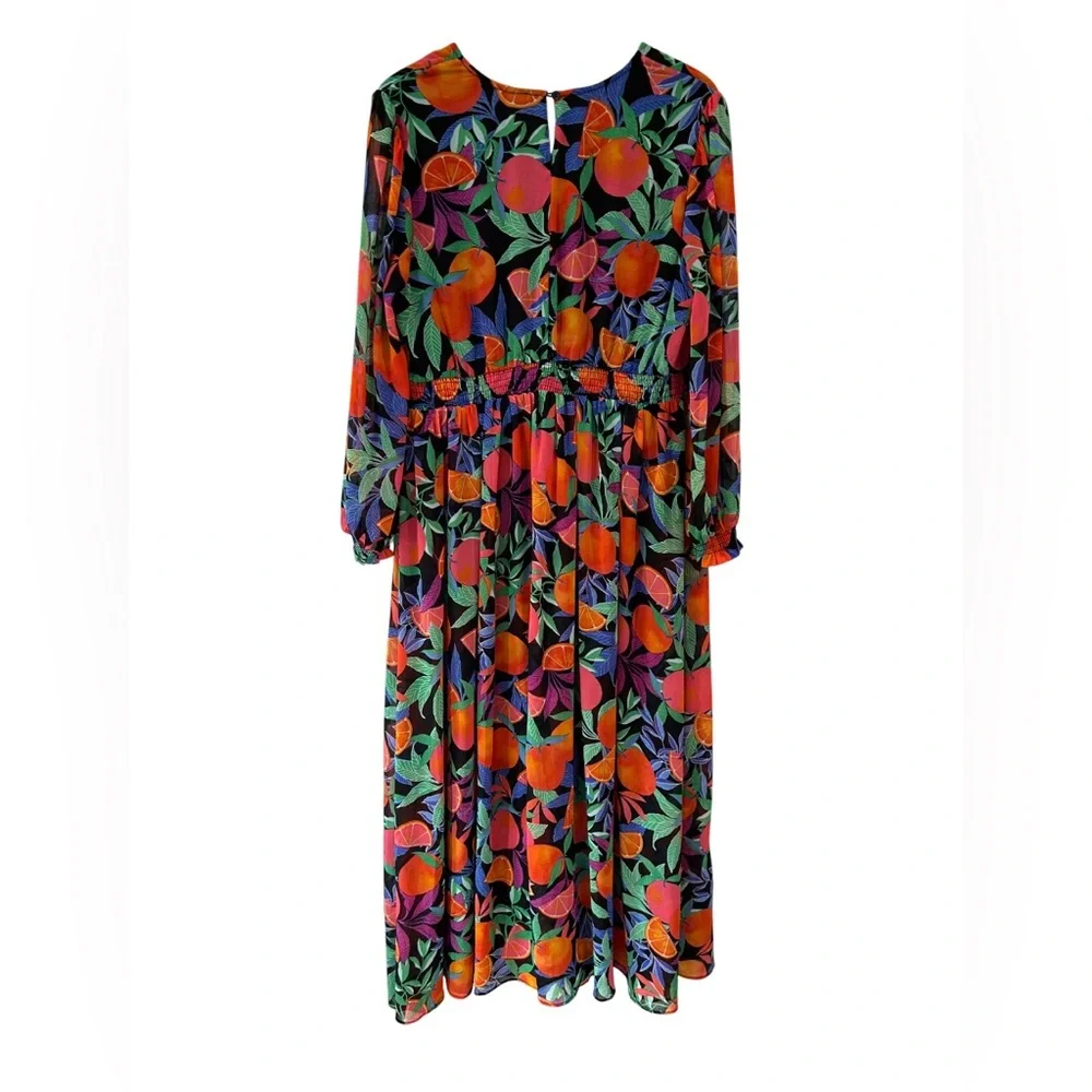 Nina Parker fruit print maxi dress 1X citrus orange high slits resort vacation - Picture 2 of 11